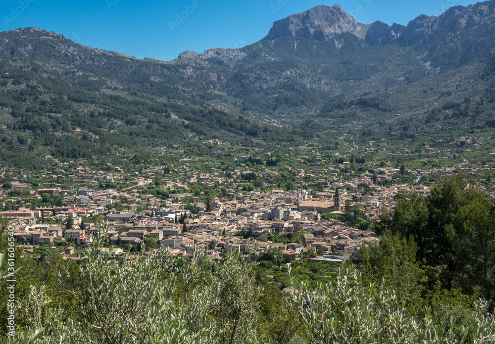 Soller Majorca aerial view from the mountains, Mallorca island, Balearic Islands, Spain landscape