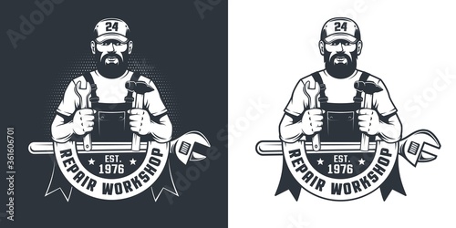 Mechanical workshop retro badge with handyman in cap. Repair service vintage emblem. Vector illustration.