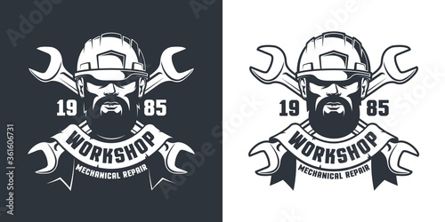 Handyman in hard hat and crossed spanner - vintage logo. Repair mechanical workshop - Industrial retro emblem. Vector illustration.