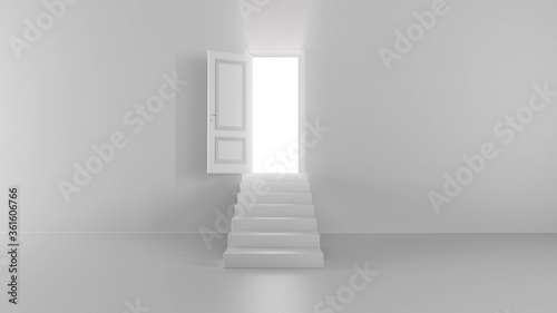 3d render shine of an open door with steps in a bright room