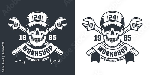 Skull Mechanic Worker - workshop retro emblem. Skeleton repairman and adjustable spanner. Repair service retro logo. Vector illustration.