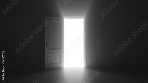 3d render open door shine in dark room