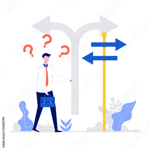 Confused businessman standing at a crossroads and looking directional sign arrows. Symbol for choice, career path or opportunities, business concept decision. Modern flat style illustration