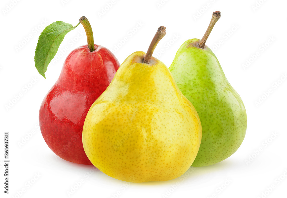 Isolated pear fruits. Yellow, green and red pears isolated over white background Isolated pear fruits. Yellow, green and red pears isolated over white background