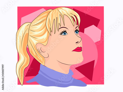 a cartoon style drawing of a young blonde woman who looks up thoughtfully