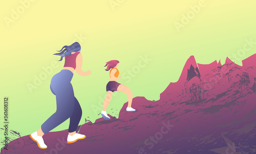 Two beautiful sports girls climb the mountain. Workout in nature together. People are involved in race walking. © coffee-hop