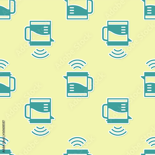 Green Smart electric kettle system icon isolated seamless pattern on yellow background. Teapot icon. Internet of things concept with wireless connection. Vector.