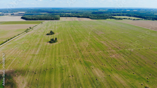 Summer wheat field after a harvest. Aerial view.