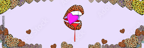 vector illustration of an animal print heart biting a pink heart in panoramic format