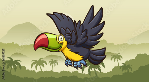 Happy cartoon toucan flying on a foggy jungle in the morning. Vector clip art illustration with simple gradients. Some elements on separate layers. 
