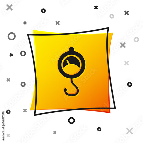 Black Spring scale icon isolated on white background. Balance for weighing. Determination of weight. Yellow square button. Vector.