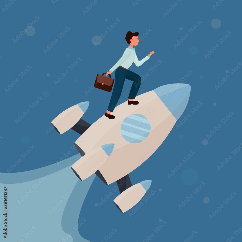 Man standing on rocket and flying up with stars, cosmos. Development, start up, success concept in flat style stock vector illustration Man standing on rocket and flying up with stars, cosmos. Development, start up, success concept in flat style stock vector illustration