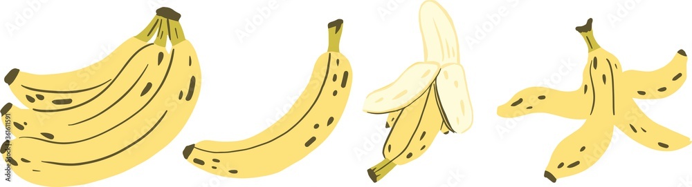 Banana, peeled banana, banana peel vector clipart set hand drawn childish flat style isolated on white background.