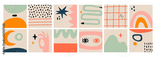 Hand drawn various Shapes and Doodle objects, snakes, eyes, moon. Abstract contemporary modern trendy Vector illustrations. Big Set of isolated Patterns, Backgrounds, Wallpapers. Pastel colors