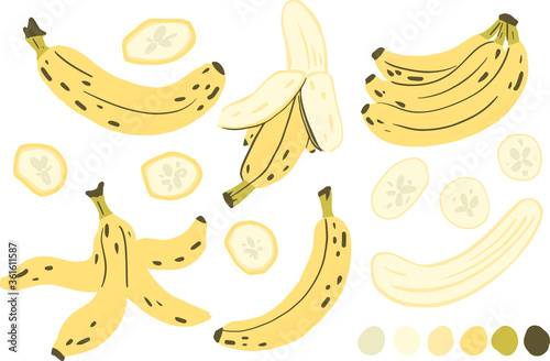 Banana, banana slice, peeled banana, banana peel vector clipart set hand drawn childish flat style isolated on white background.