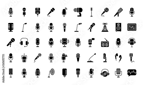 podcast and microphones icon set, silhouette style