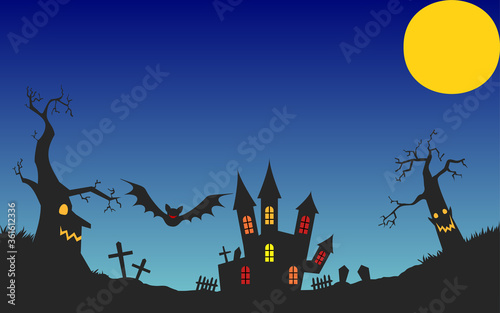 ハロウィン背景、墓地とコウモリと城と満月