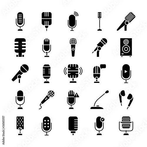 retro microphones and microphones icon set, silhouette style