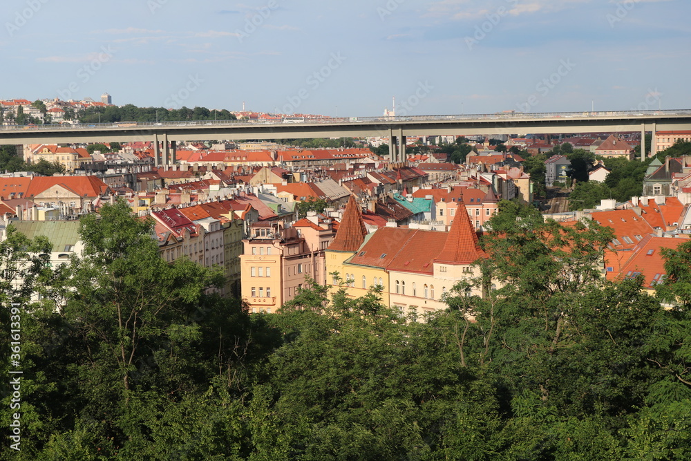 Panorama of the historical center of Prague on a summer cloudy day