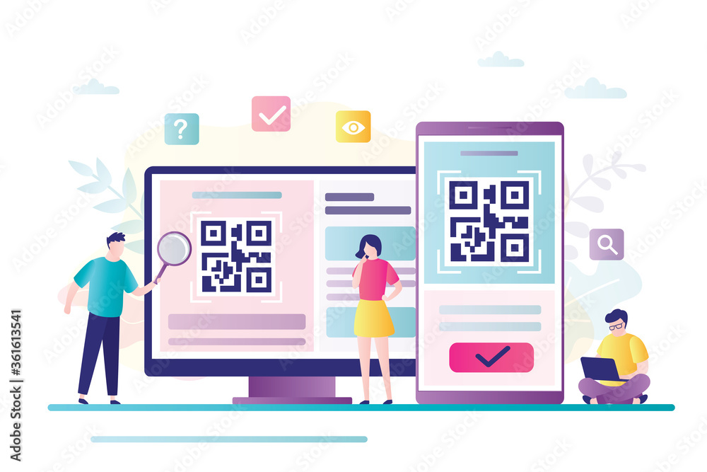QR Code scanning concept. Group of people scan code using smartphone and computer. Smart technology for internet and mobile payments. QR Code scanning concept. Group of people scan code using smartphone and computer. Smart technology for internet and mobile payments.