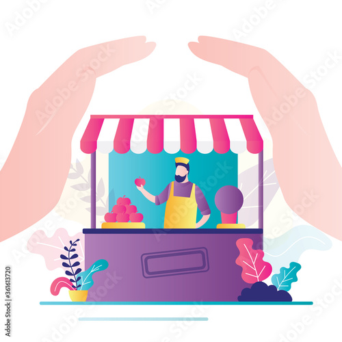 Big hands covering shop with businessman. Small business support, insurance concept. Financial crisis protection. Fruit stall
