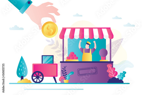 Big hand gives gold coin to small business. Local business support, insurance concept. Direct targeted financial assistance.