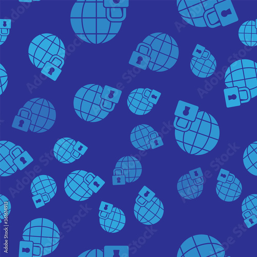 Blue Global lockdown - locked globe icon isolated seamless pattern on blue background. Vector.