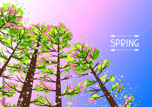 Spring forest background with stylized trees.