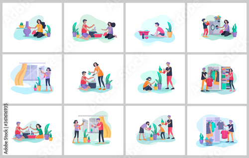 Scenes with family doing housework, kids helping parents with home cleaning, washing dishes, fold clothes, cleaning window, carpet and floor, wipe dust, water flower. Vector illustration cartoon