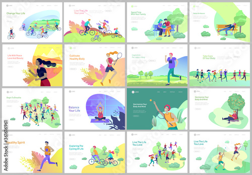 Landing page template with running man, play tennis, children riding bicycles, man doing yoga. People performing sports outdoor activities at park or Nature, healty life style. Cartoon