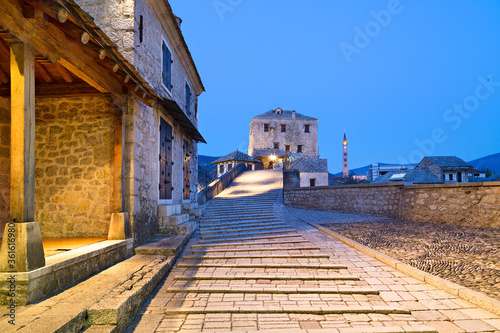 Historical buildings and cobblestone street, at dawn, in Mostar, Bosnia and Herzegovina