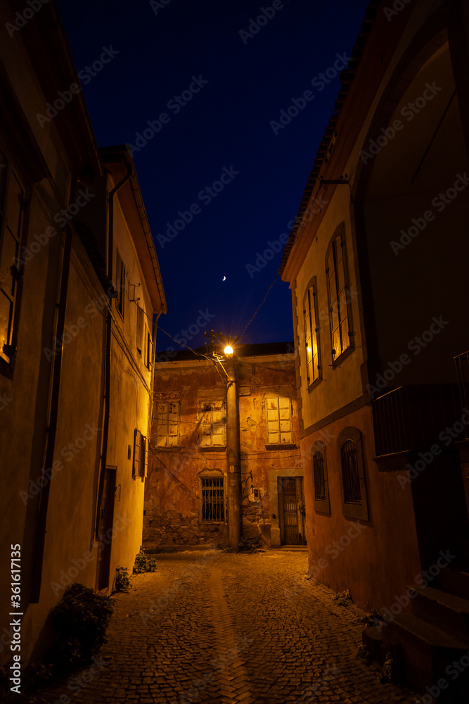 View of narrow street of Bergama (Pergamon) at night, Izmir/ Turkey