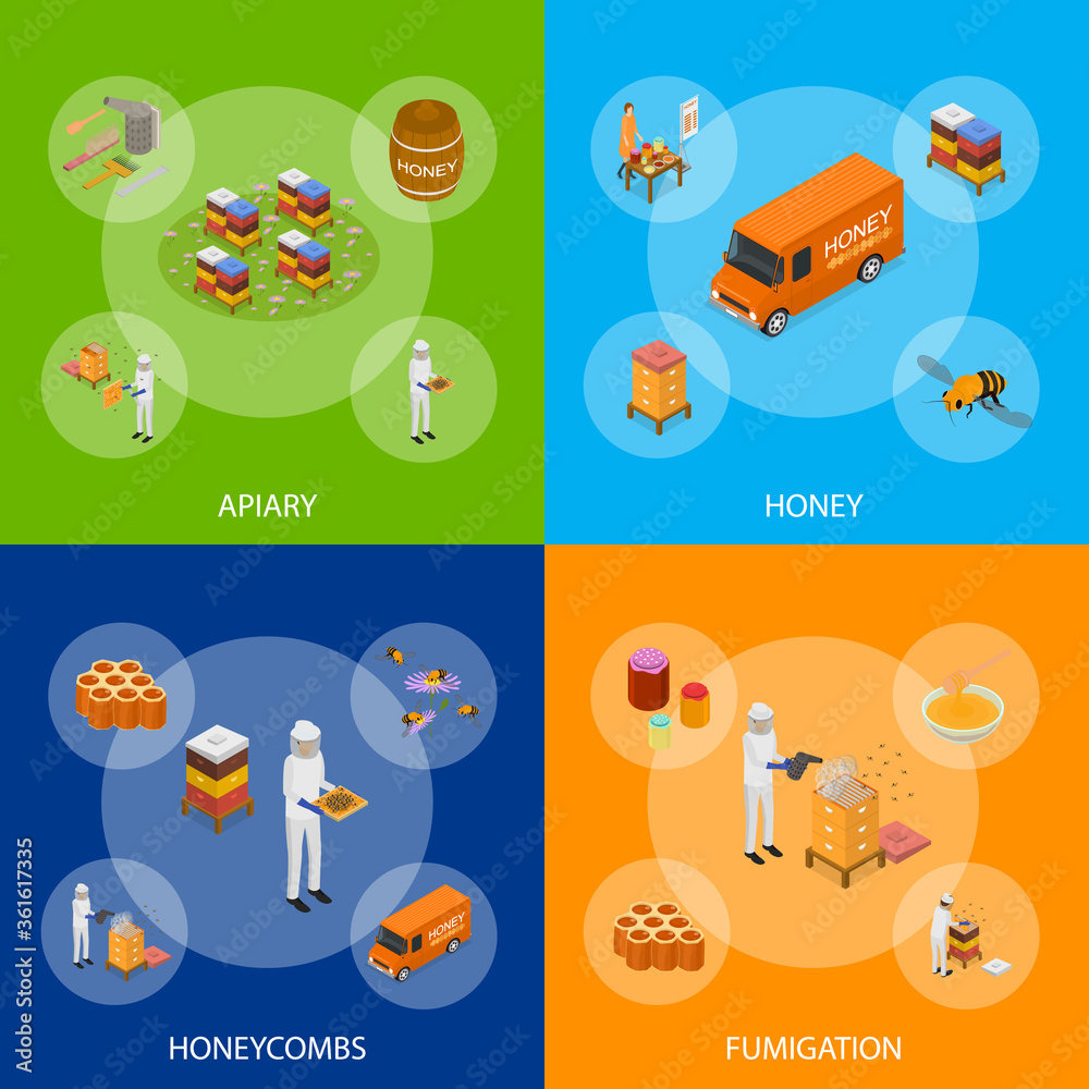 Fototapeta premium Apiary Concept Banner Set 3d Isometric View. Vector