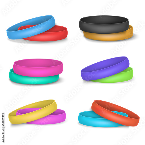 Realistic 3d Detailed Color Blank Promo Bracelets Template Mockup Set. Vector
