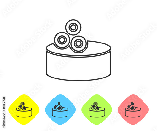 Grey line Tin can with caviar icon isolated on white background. Set icons in color rhombus buttons. Vector..