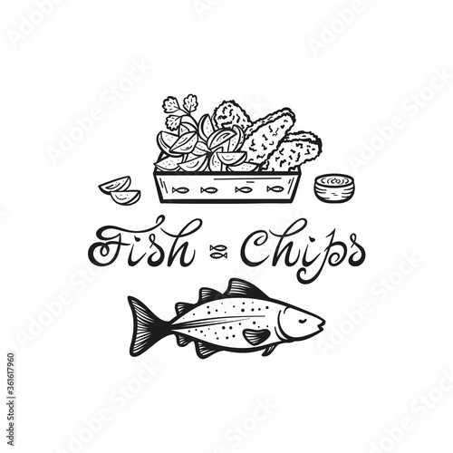 Fish and Chips. Traditional British Fast Food. Hand Drawn Doodle Sketch Cod Fish, Fried filet and Potato Fries in Box. Seafood and Vegetables. Street Food Menu or Label Design. Vector illustration
