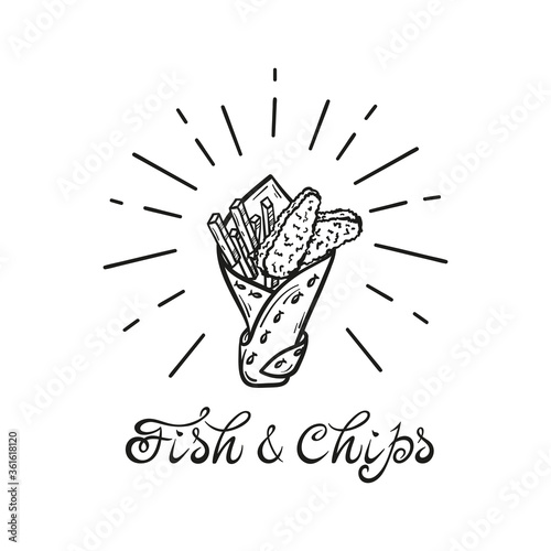 Fish and Chips in Paper Cornet. Traditional British Fast Food. Hand Drawn Doodle Sketch Fried Cod Fish and Potato Fries. Seafood and Vegetables. Street Food Menu or Label Design. Vector illustration
