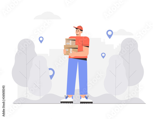 Delivery man, courier holding order box. Flat style vector illustration. Delivery service, fast and free shipping concept.