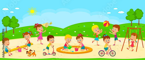 kids  boys and girls are playing on the playground  illustration vector
