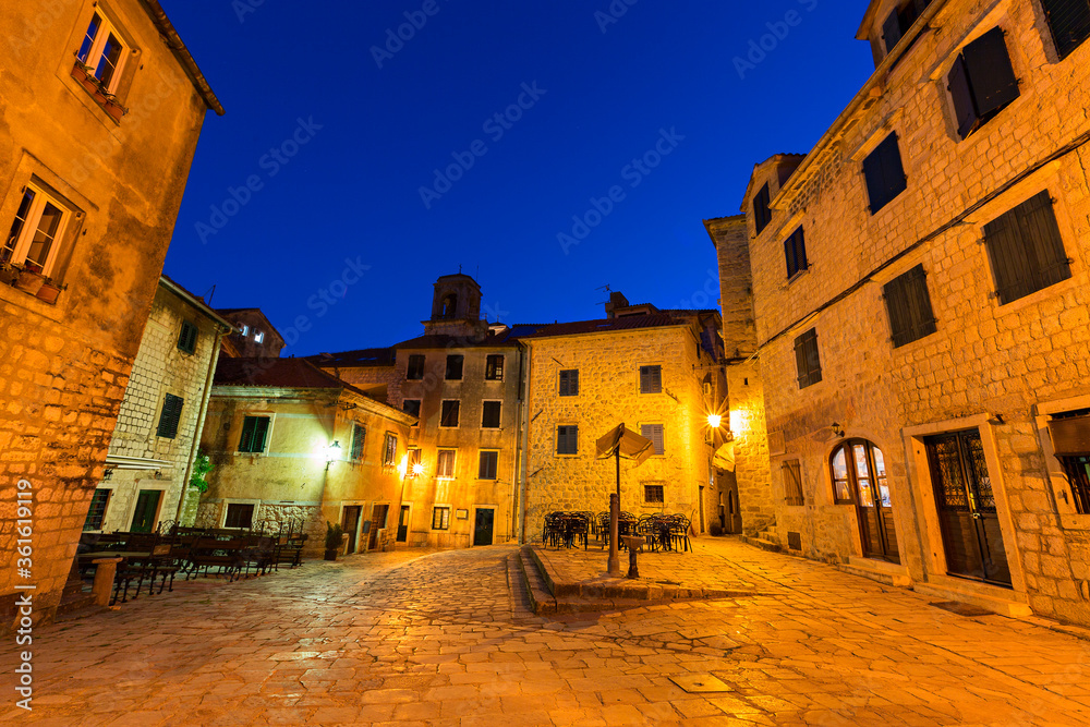 Houses in the old city of Kotor, in Montenegro at night