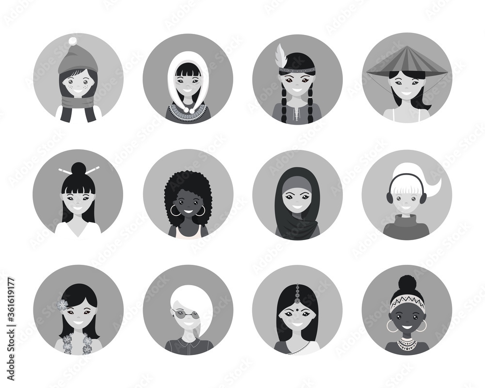 Black Lives Matter. Set of user icons of cute young women of different nation in flat style.