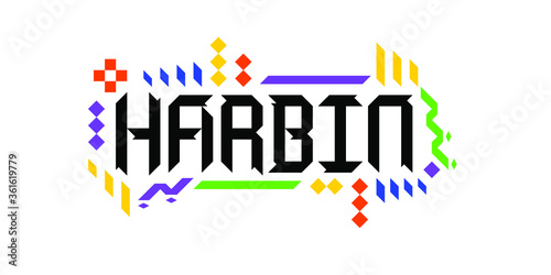 Colorful vector logo font of the city of Harbin, in a geometric, playful finish. The abstract Asiatic ornament is a great representation of a tourism-oriented, dynamic, innovative culture of China.