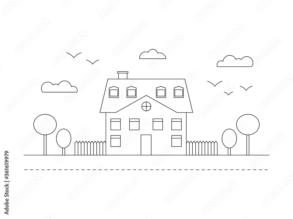 Beautiful line building with trees, clouds, road and birds. City landscape line vector illustration isolated on white.