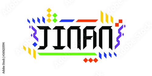 Colorful vector logo font of the city of Jinan, in a geometric, playful finish. The abstract Asiatic ornament is a great representation of a tourism-oriented, dynamic, innovative culture of China.