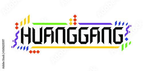 Colorful vector logo font of the city of Huanggang, in a geometric, playful finish. The abstract Asiatic ornament is a great representation of a tourism-oriented, dynamic, innovative culture of China.