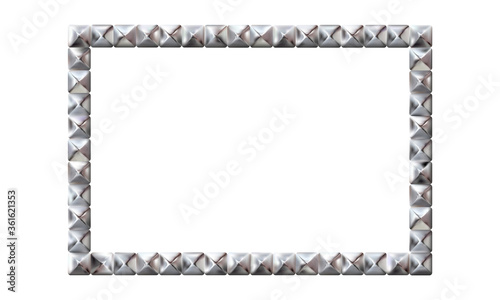 Rectangle realistic frame from silver square rivets pyramid claws for leather. Slender on white background. Steel, photo frame template. For picture. Vector illustration