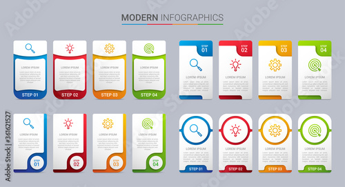 Colorful timeline infographic template with 4 steps on gray background, vector illustration