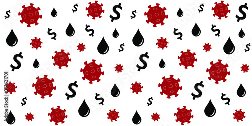 Seamless pattern with coronaviruses, dollar symbol and oil sign. The COVID-19 crisis. Oil crisis and pandemic coronavirus. Drop in oil demant. photo