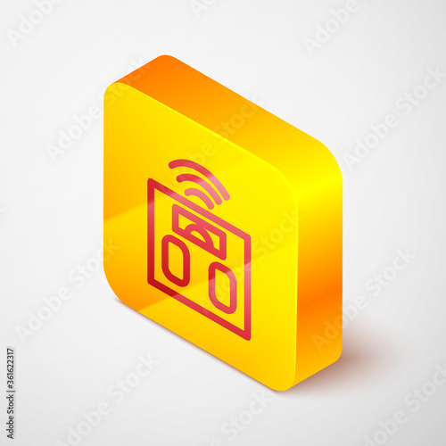 Isometric line Smart bathroom scales icon isolated on grey background. Weight measure equipment. Internet of things concept with wireless connection. Yellow square button. Vector.