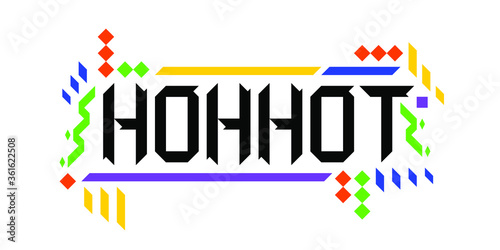 Colorful vector logo font of the city of Hohhot, in a geometric, playful finish. The abstract Asiatic ornament is a great representation of a tourism-oriented, dynamic, innovative culture of China.